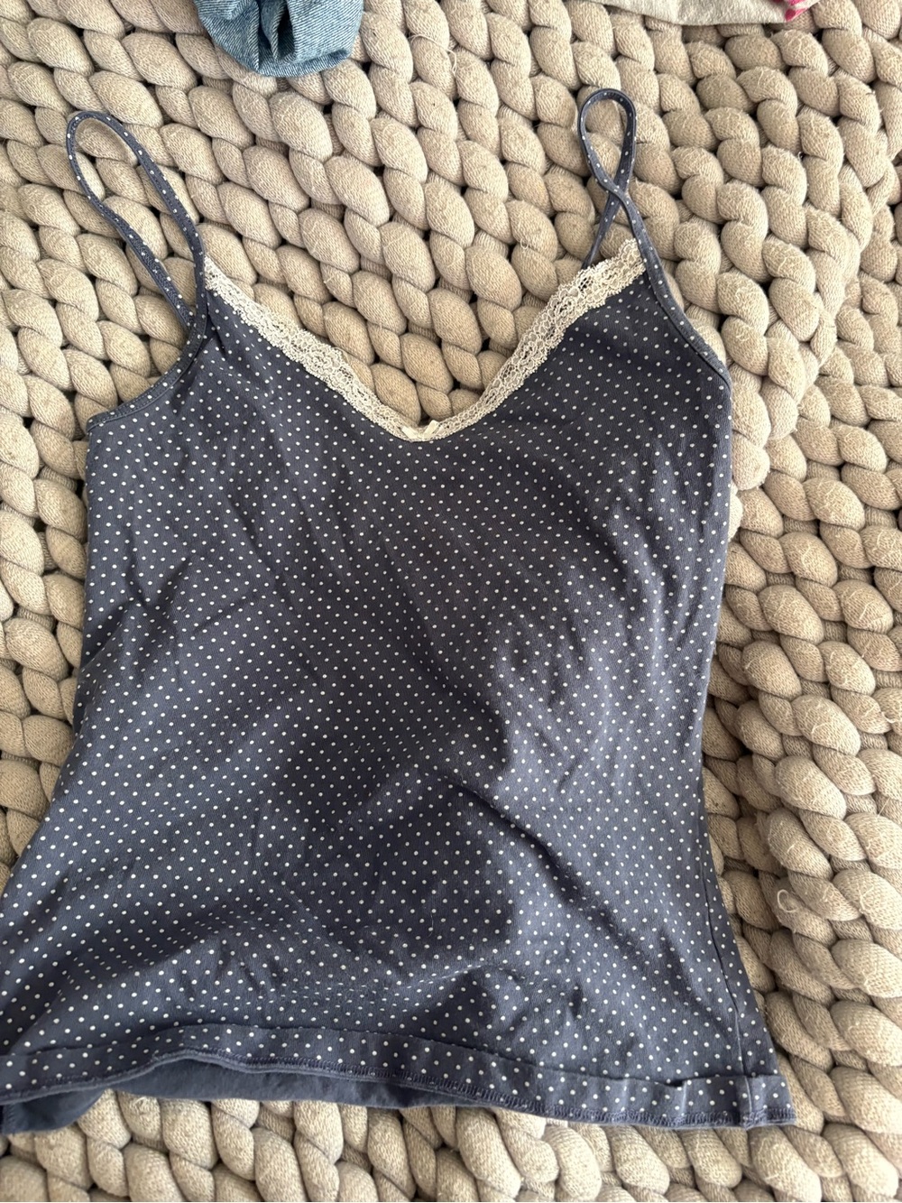 Brandy Melville Navy Polka Dot Cami with Cream Lace